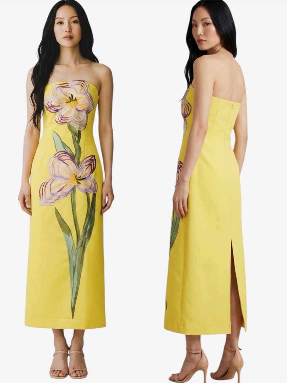 DALIA MACPHEE Women’s Rayna Yellow Iris 3D Floral Appliqué Strapless Midi Dress